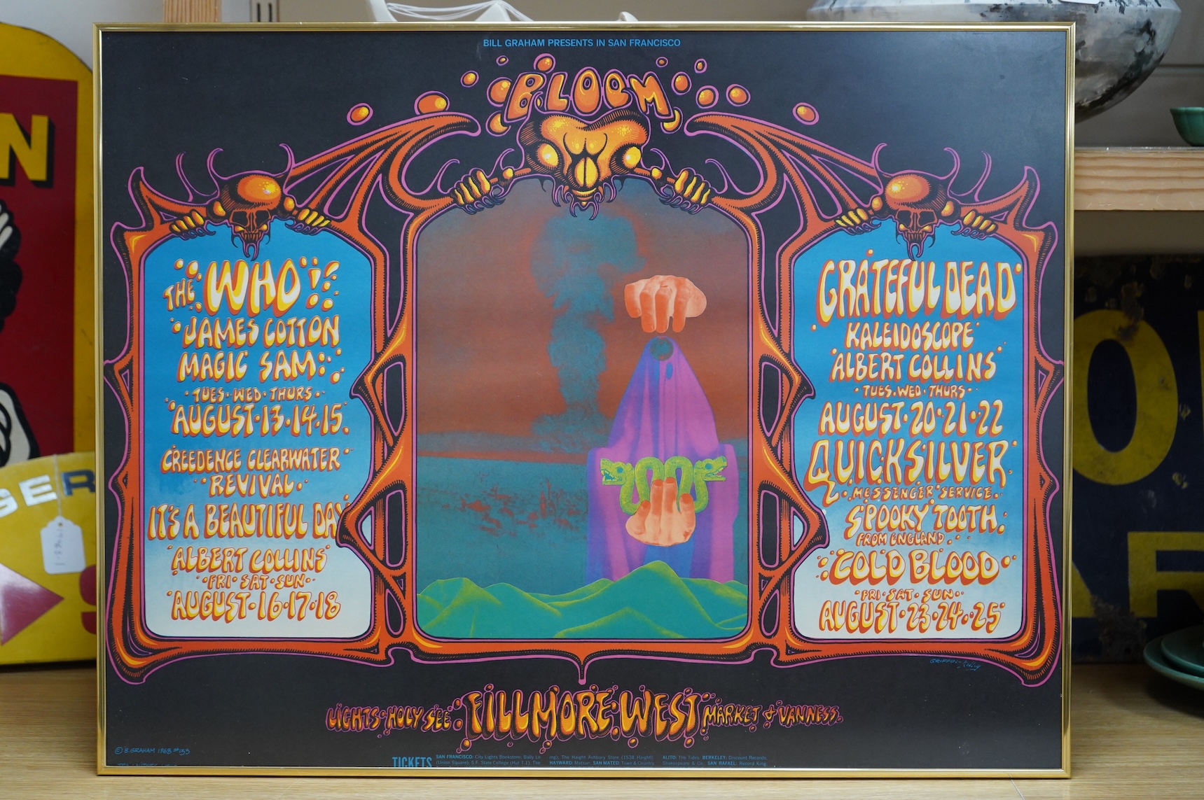 A framed original Fillmore West, San Francisco psychedelic poster promoting upcoming artists performing at the venue, August 1968, promoted by Bill Graham, artists include; The Who, Grateful Dead, Creedence Clearwater Re